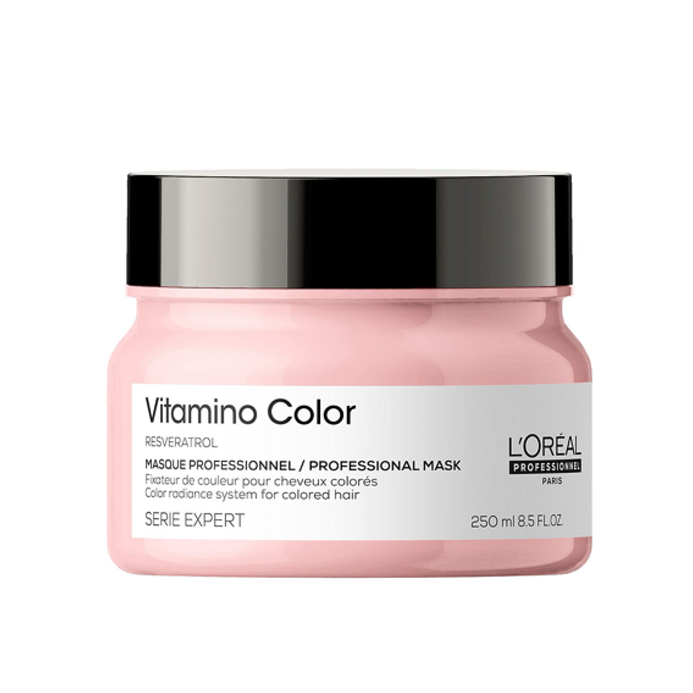L'Oreal Vitamino Color hair mask jar on a white background