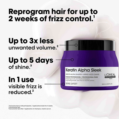 Keratin Alpha Sleek hair mask 500ml for frizz control, shine, and less volume, L'Oréal label visible