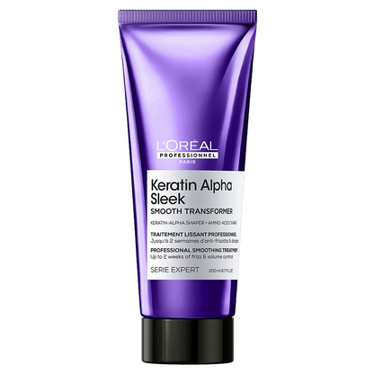 Purple tube of L'Oréal Professionnel Keratin Alpha Sleek hair smoothing treatment