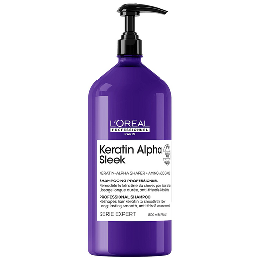 Purple 1500ml bottle of Keratin Alpha Sleek professional anti-frizz shampoo with pump