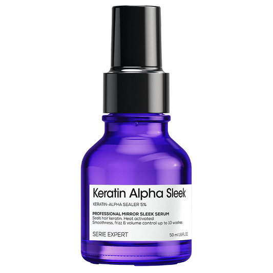 Keratin Alpha Sleek sealer 50ml hair serum bottle for frizz and volume control