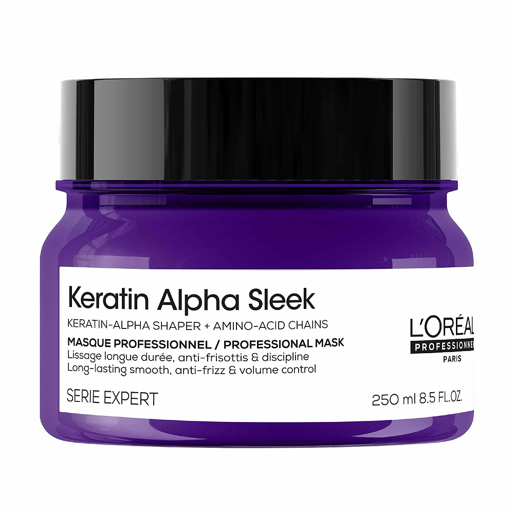 Keratin Alpha Sleek professional hair mask in purple 250ml jar for anti-frizz and volume control
