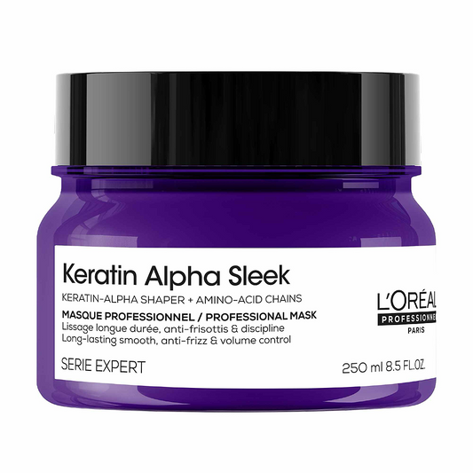 Keratin Alpha Sleek professional hair mask in purple 250ml jar for anti-frizz and volume control
