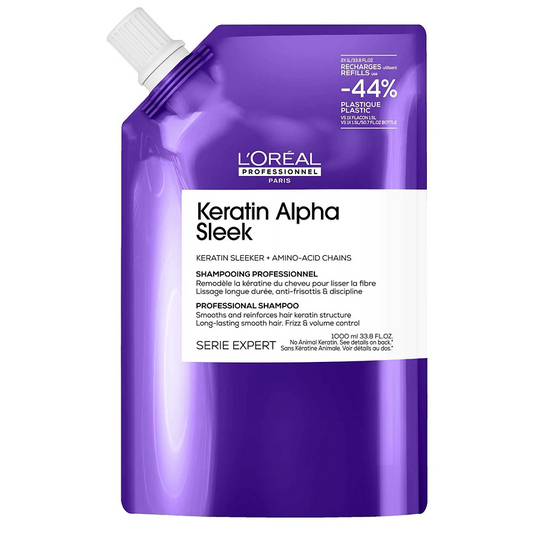 Purple refill pouch of L'Oreal Keratin Alpha Sleek professional smoothing shampoo