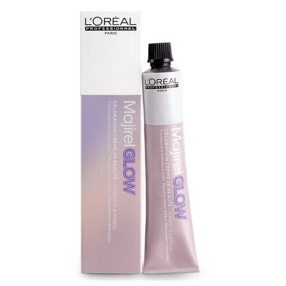 L'Oreal Majirel Glow hair color tube and packaging on a white background