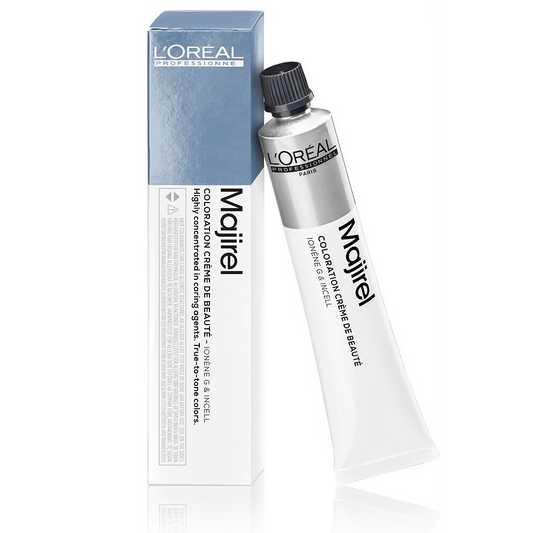 L'Oreal Majirel hair color tube and packaging on a white background