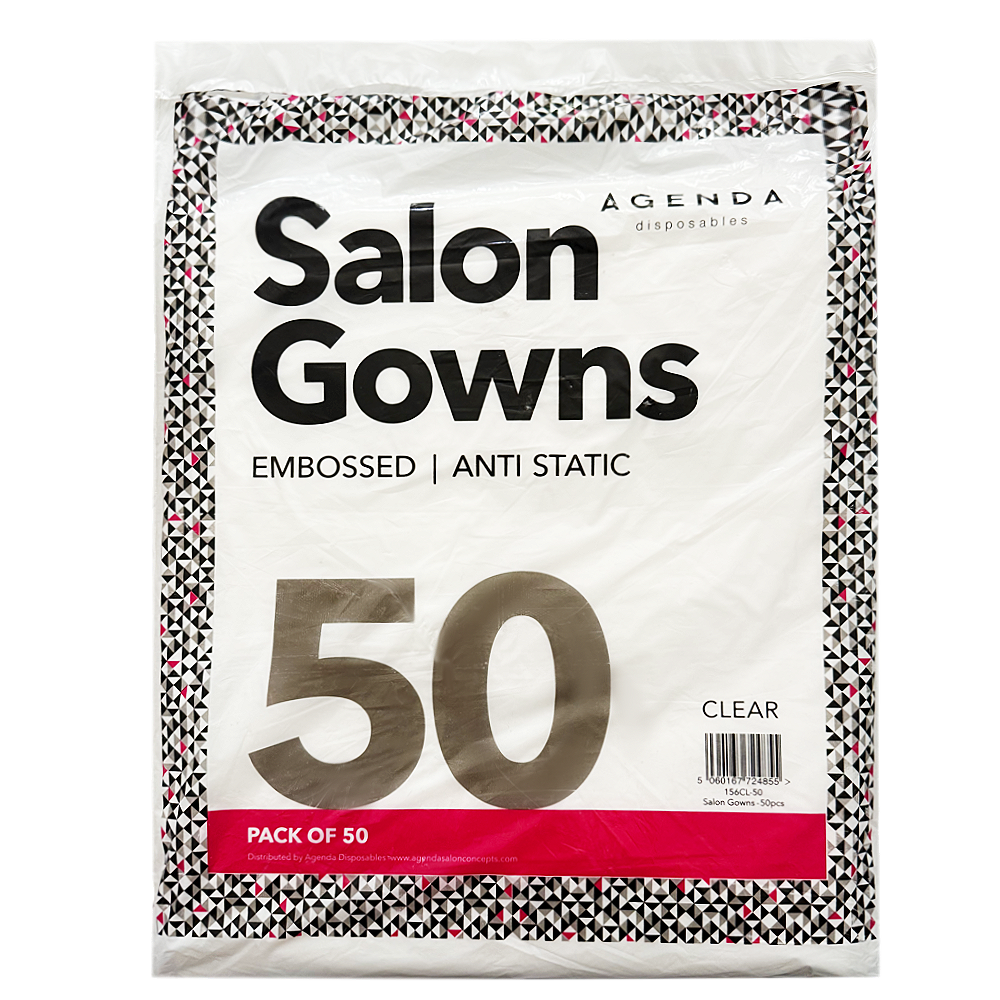 Pack of 50 salon gowns with 'Agenda' branding on a white background