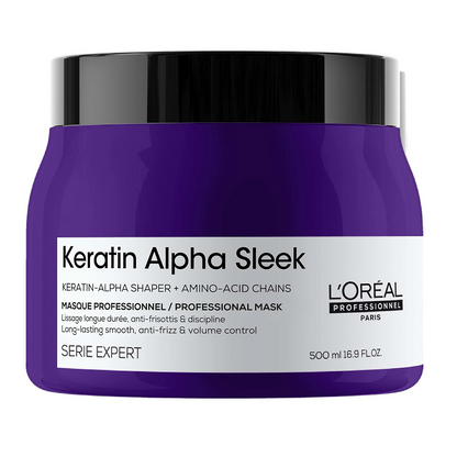Purple jar of Keratin Alpha Sleek professional hair mask for smooth, anti-frizz care, 500ml