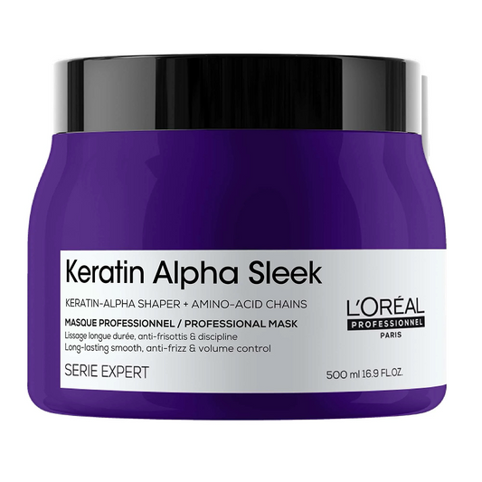 Purple jar of Keratin Alpha Sleek professional hair mask for smooth, anti-frizz care, 500ml