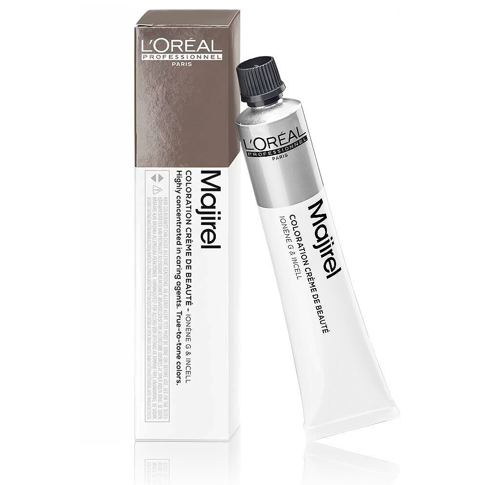 L'Oreal Majirel hair color tube and packaging on a white background