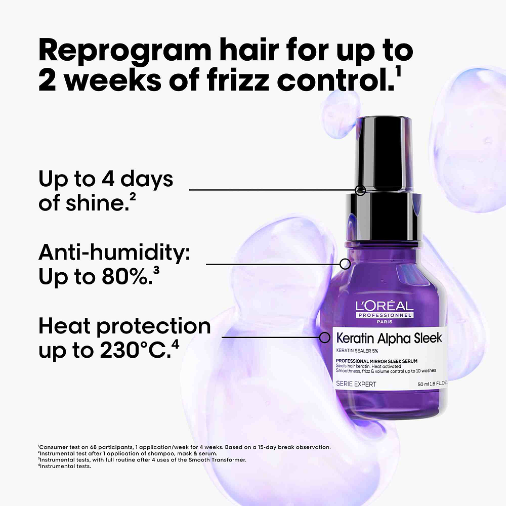 Keratin Alpha Sleek serum bottle with frizz control, shine, anti-humidity and heat protection benefits.
