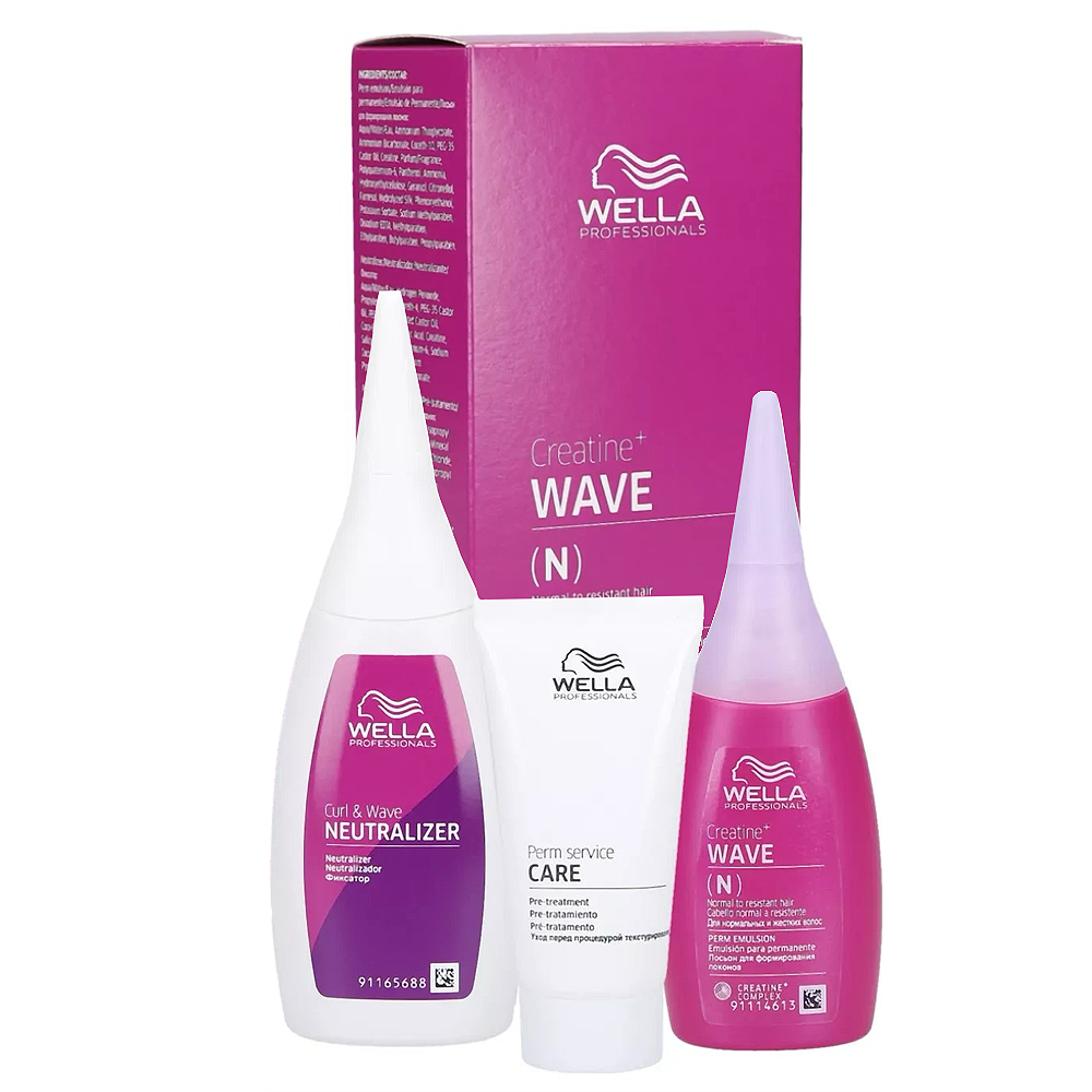 Wella hair care products including a box, neutralizer, and care product on a white background